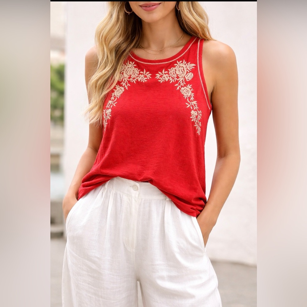 Garnet Hill Red Sleeveless Tank with Cream Floral Embroidery